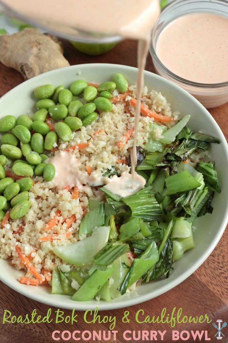Roasted bok choy, shelled edamame, and a quick coconut amino and ginger cauliflower rice blend make this vegan and meatless meal a sure winner. So tasty and easy to create! Vegan with a paleo option