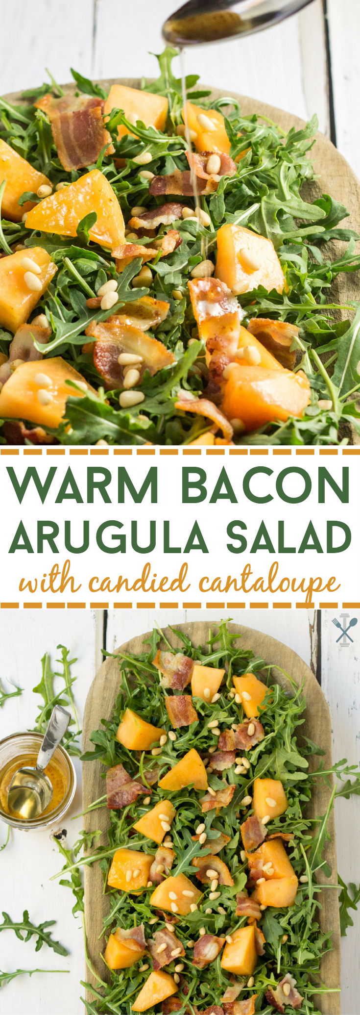 THE BEST bacon salad - paleo and made with all real-food ingredients. This arugula salad is packed with crispy bacon, honey glazed cantaloupe, and crunchy toasted pine nuts. And made in under 20 minutes!