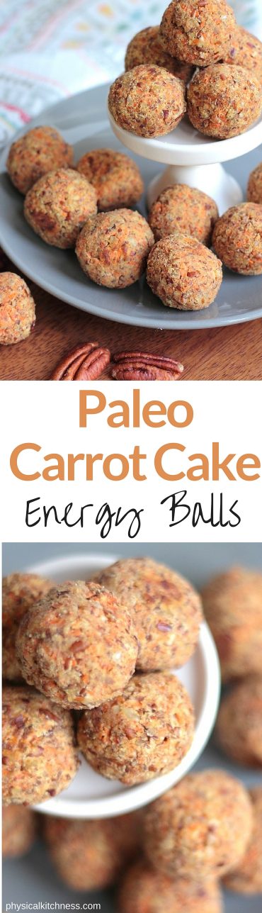 These paleo carrot cake energy balls are simple, delicious and packed with nutrients. Try them as a morning snack, afternoon treat, or pre-workout fuel! Gluten-free, grain-free, dairy-free, refined-sugar free