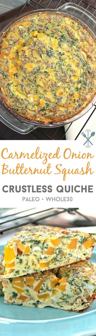 A paleo, whole30, and vegetarian breakfast - this caramelized onion butternut squash quiche is packed with flavor, easy to prepare, and perfect to reheat for busy mornings!