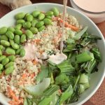 This bok choy, cauliflower rice, and edamame meal with coconut curry is SO tasty! Vegan and can be easily made paleo too!
