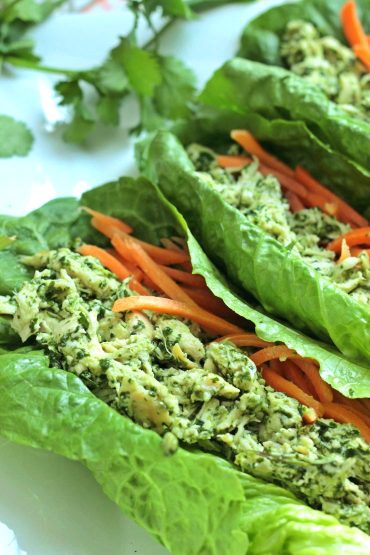 These cilantro pesto chicken lettuce wraps are made with a delicious homemade cilantro pesto and leftover shredded chicken. The perfect lunch - plus it's paleo and Whole30 complaint!