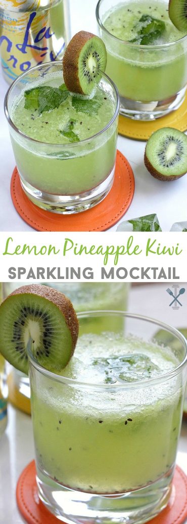 This sparkling mocktail with the tropical flavors of pineapple and kiwi is the perfect healthy summer drink sans the alcohol! Perfect for an afternoon refresher and great for pregnant moms to be!