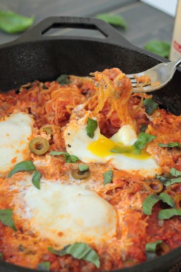 Ground pork, roasted spaghetti squash, olives, and eggs with those decadent runny yolks make this one-pot meal a true breakfast or lunch winner! Plus it's paleo and whole30!