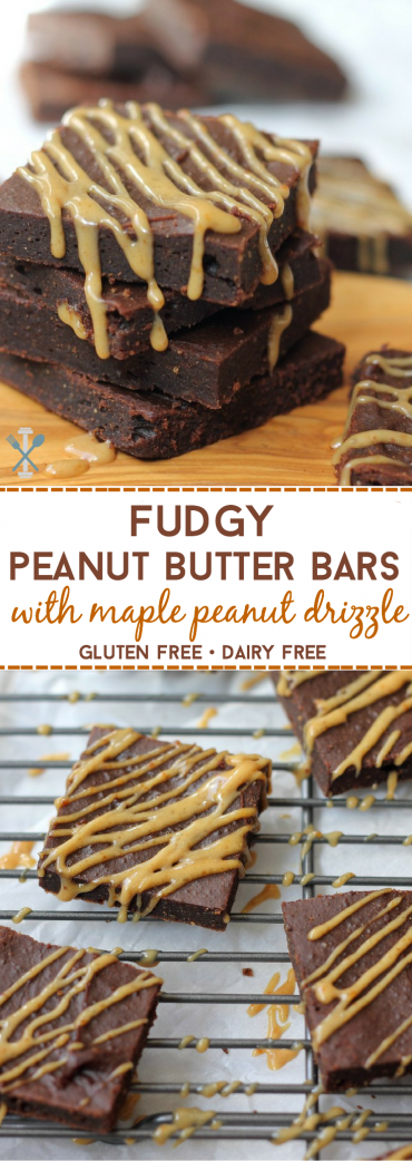 These fudgy and flourless bars are made with cocoa and peanut butter. So rich and yet healthy! No refined sugar, gluten-free, and dairy free. The peanut butter maple drizzle is to die for!