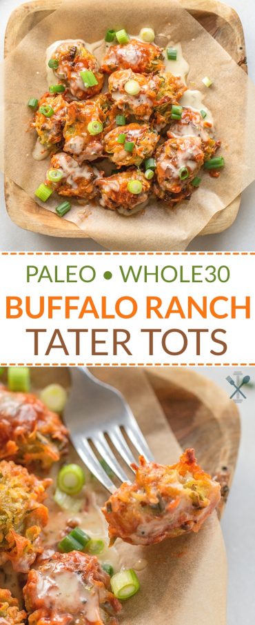 These paleo + Whole30 homemade buffalo ranch tater tots are a cinch to throw together, and an amazing game day appetizer or side dish! Grain free + Dairy Free